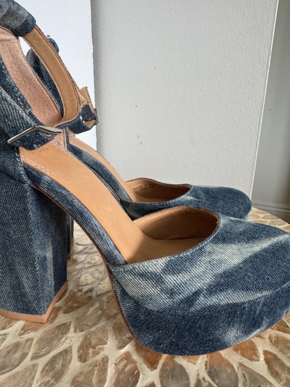 Bill Blass Blue Ellie Bleached Denim Tie-Dye Platform Ankle-Strap Heels - Picture 5 of 15